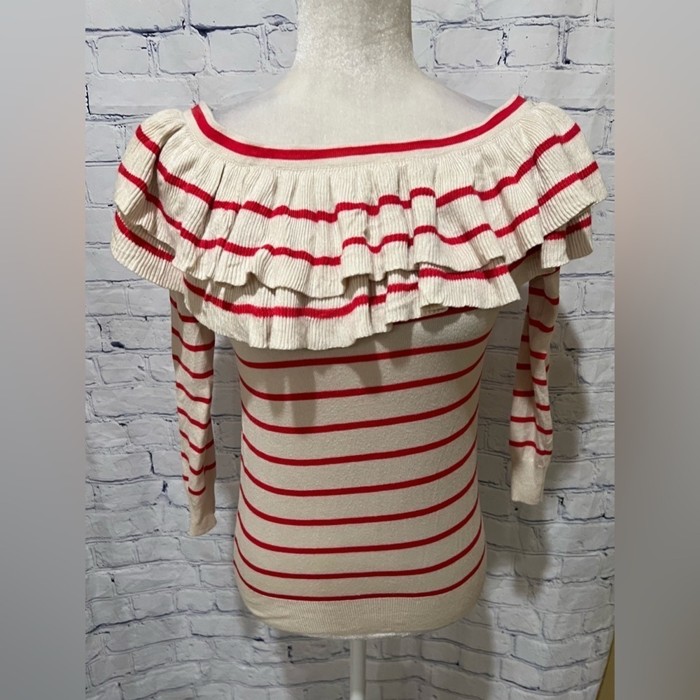 Lumiere Off Shoulder Ruffled Long Sleeve Striped Sweater Sz Small